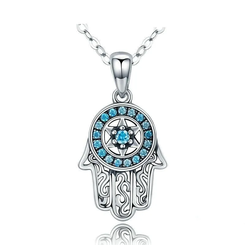 Hand of Fatima Cubic Zirconia 925 Sterling Silver Fashion Pendant Necklace