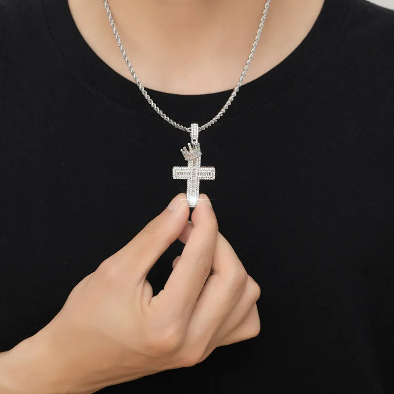 Iced Out Cross with Crown Pendant - Silver