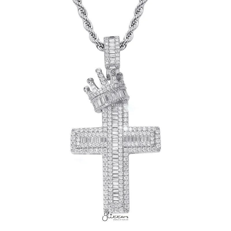 Iced Out Cross with Crown Pendant - Silver