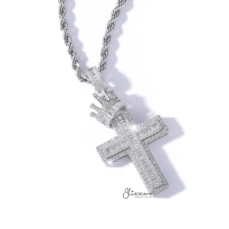 Iced Out Cross with Crown Pendant - Silver