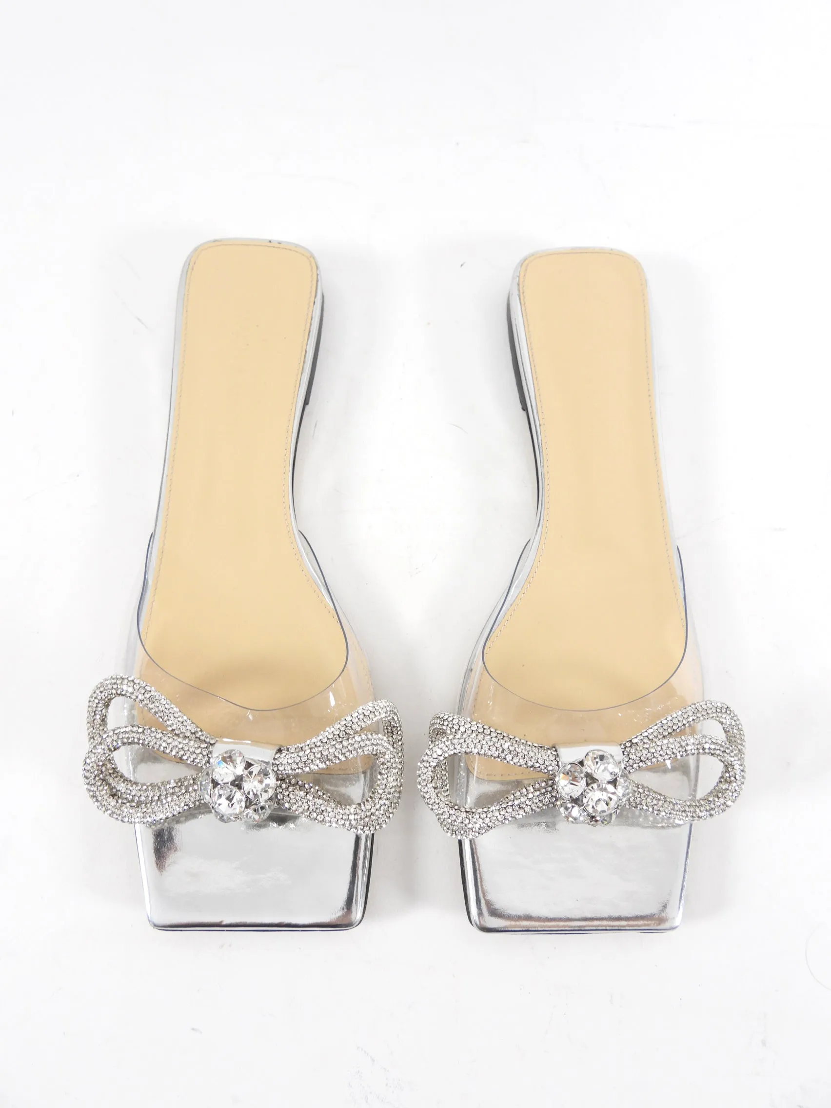 Mach & Mach Silver Flat Double Bow Crystal Sandals - 38.5 / 8