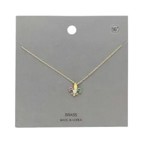 Mardi Gras Brass Metal Enamel Fleur de Lis Pendant Necklace