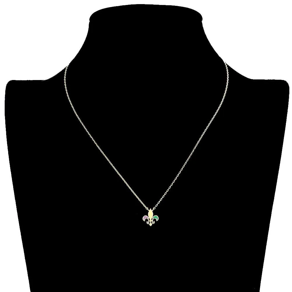 Mardi Gras Brass Metal Enamel Fleur de Lis Pendant Necklace