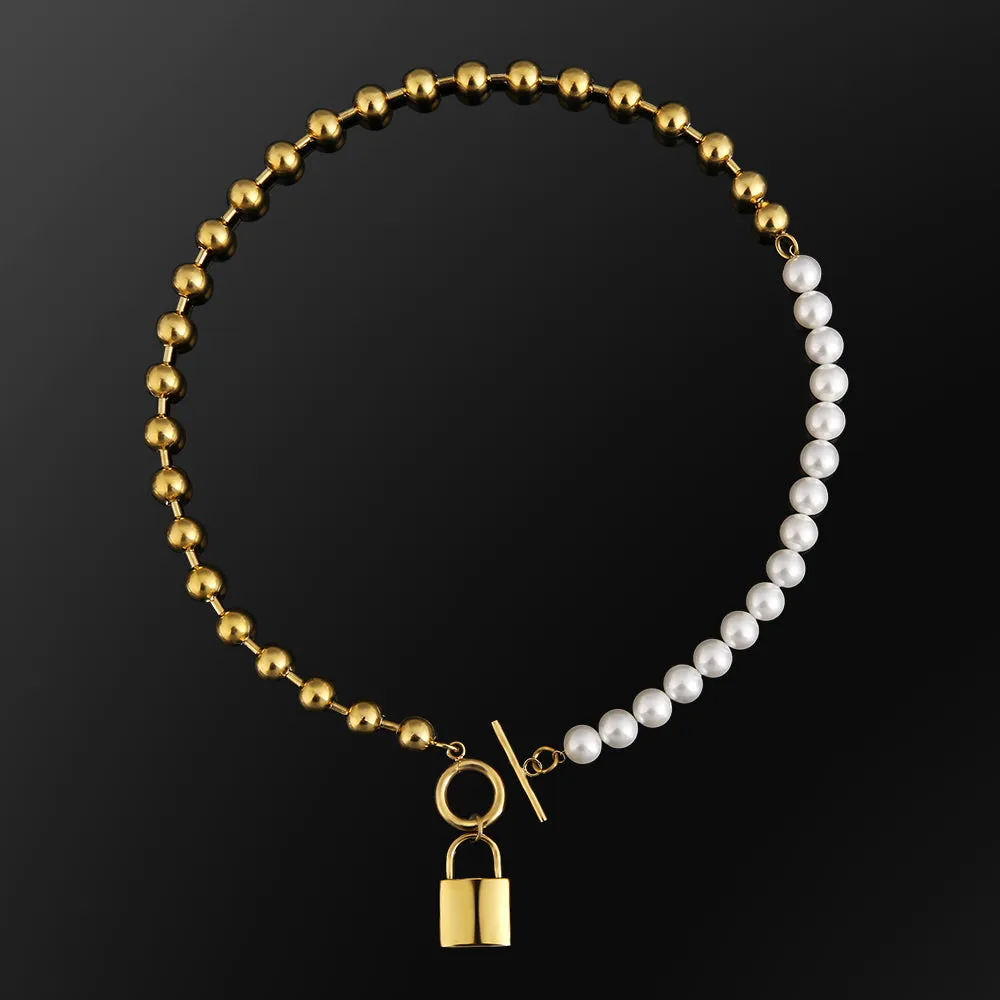 Men Pearl Necklace  Bead Chain with Lock Pendant White Gold/Yellow Gold