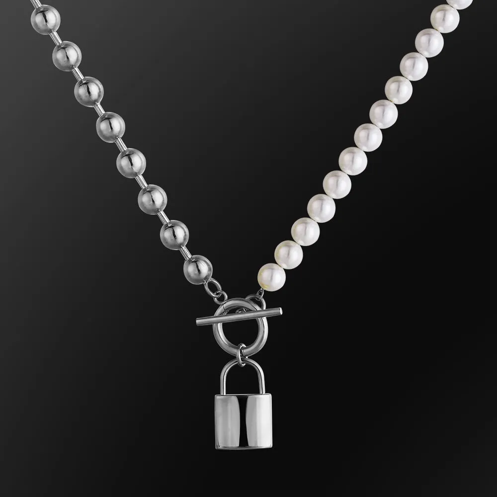 Men Pearl Necklace  Bead Chain with Lock Pendant White Gold/Yellow Gold