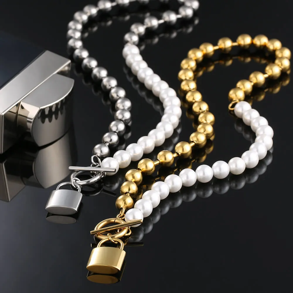 Men Pearl Necklace  Bead Chain with Lock Pendant White Gold/Yellow Gold