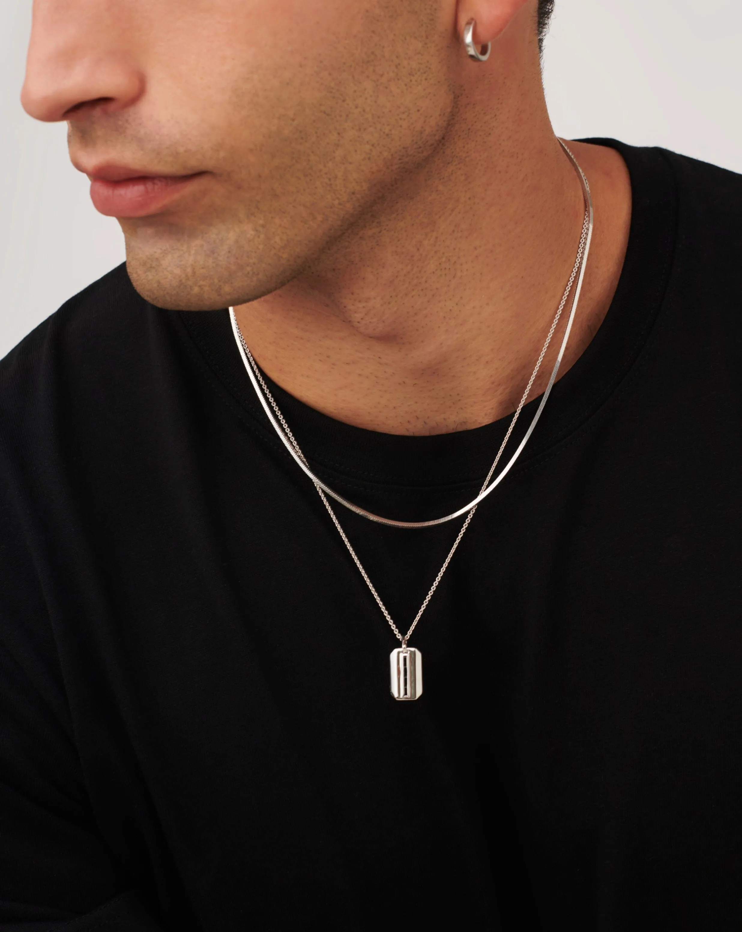 Mens Engravable Black Onyx Tag Pendant Necklace | Sterling Silver/Black Onyx