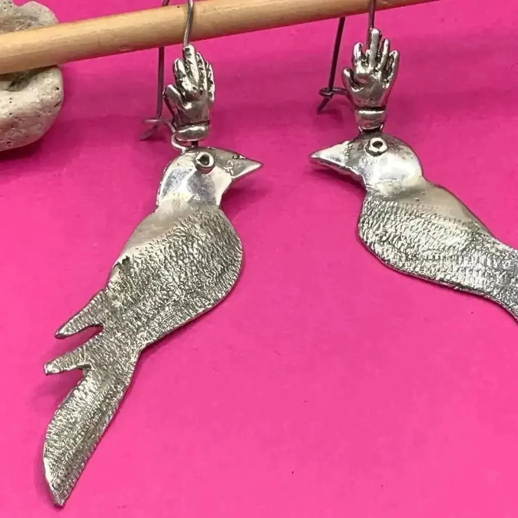 Mexican silver filigree bird earrings, Frida earrings