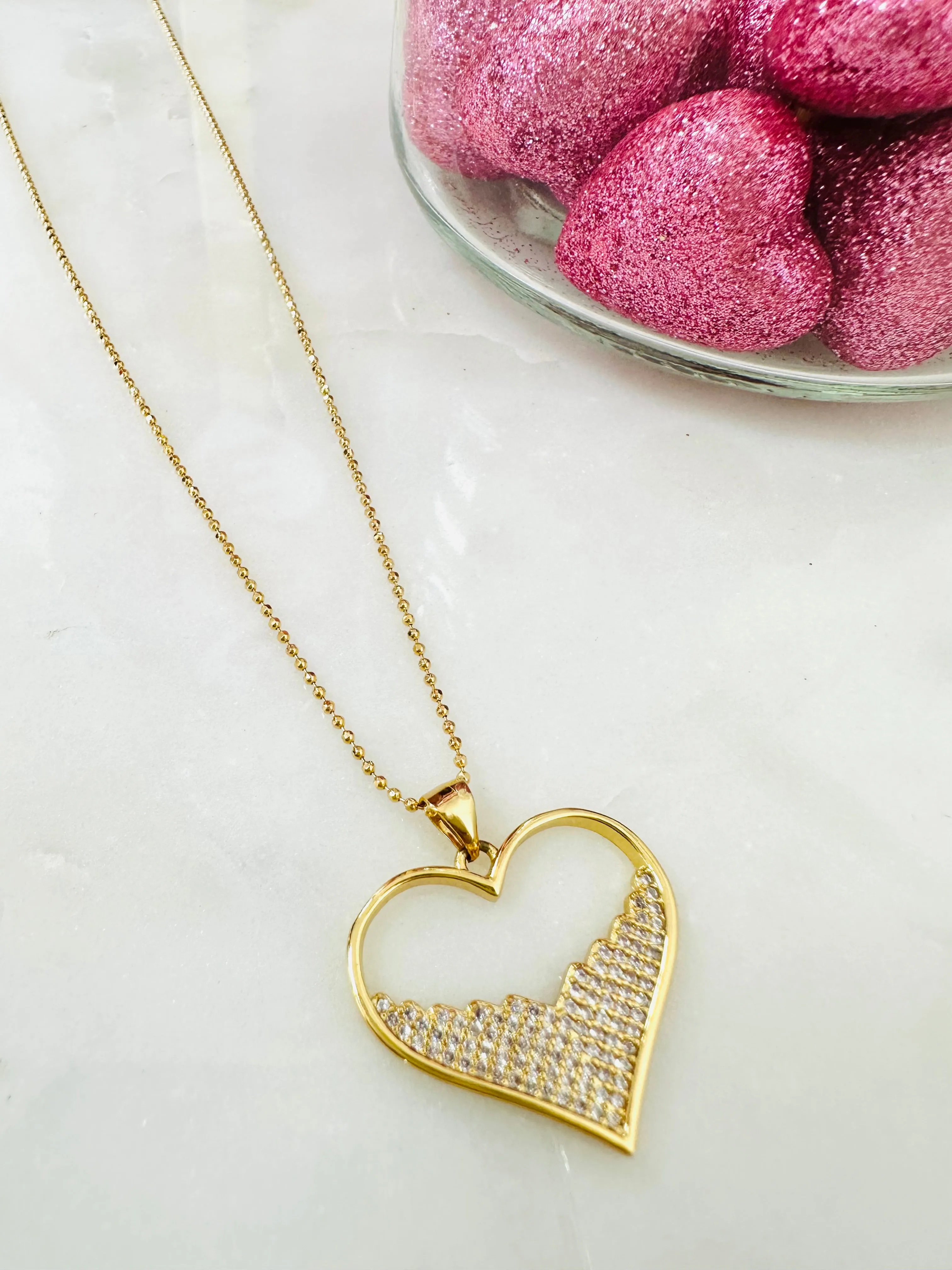 Micro- Pave open  Heart charm Necklace