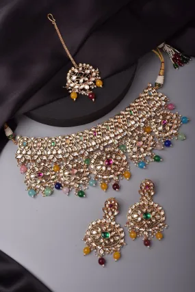 Navratana Gold Tone Polki Choker Set with Maang Tikka