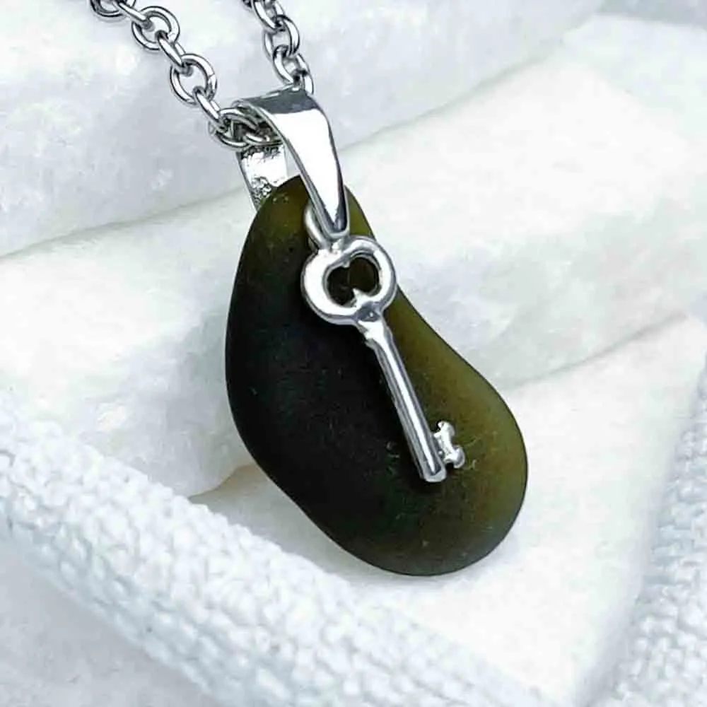 Olive Green Sea Glass Pendant with Sterling Silver Key Charm | 5269