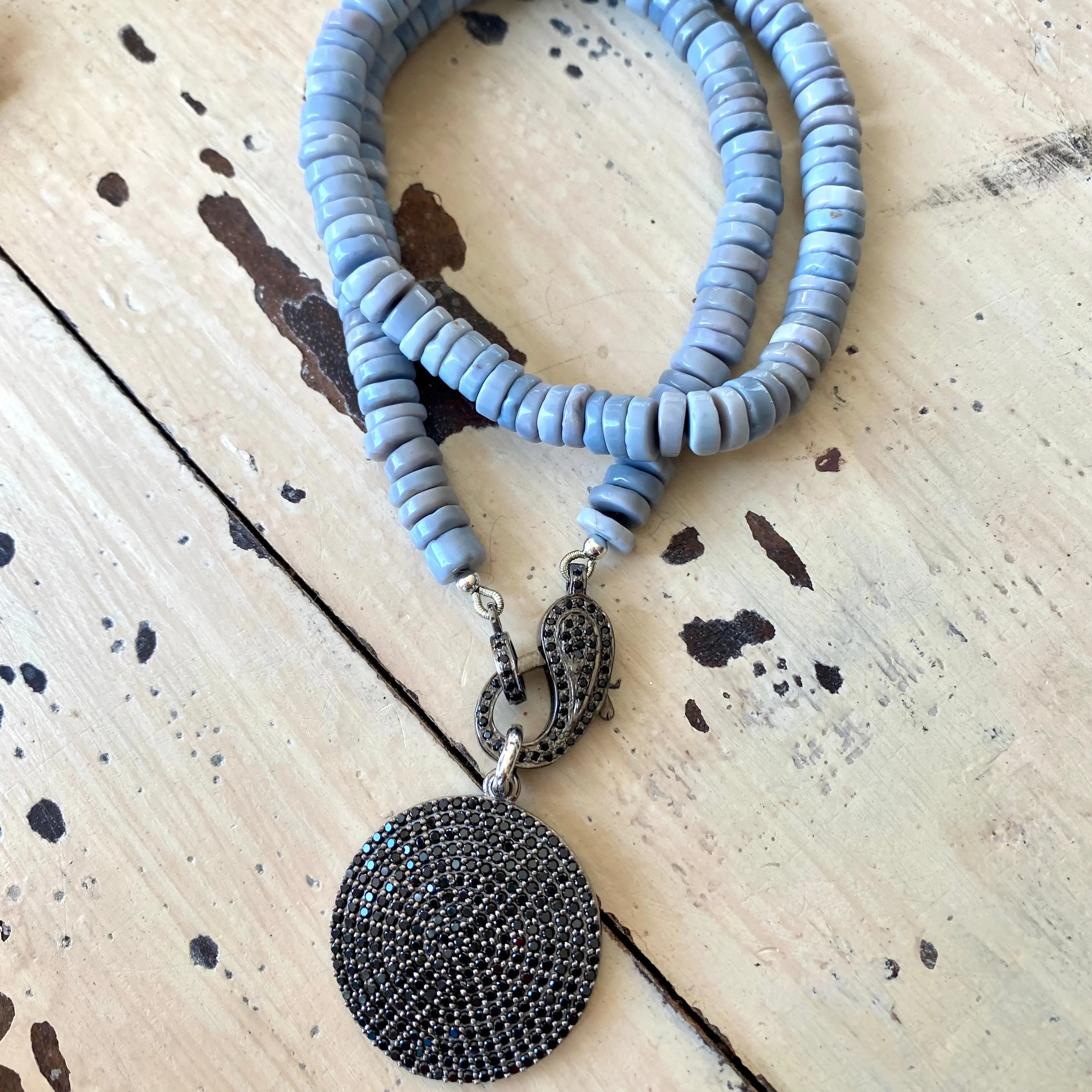 Oregon Blue Opal Candy Necklace w Black Spinel Pave, Oxidized Silver, 17.5in