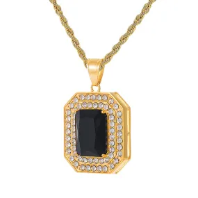 Paved Rhinestone-Studded Radiant Cut Black Stone Bling Stainless Steel Hip-hop Pendant Necklace