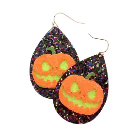 Pumpkin Accented Glittered Teardrop Dangle Earrings