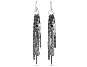 Raven Skull & Feather Tassel Earrings - Silver