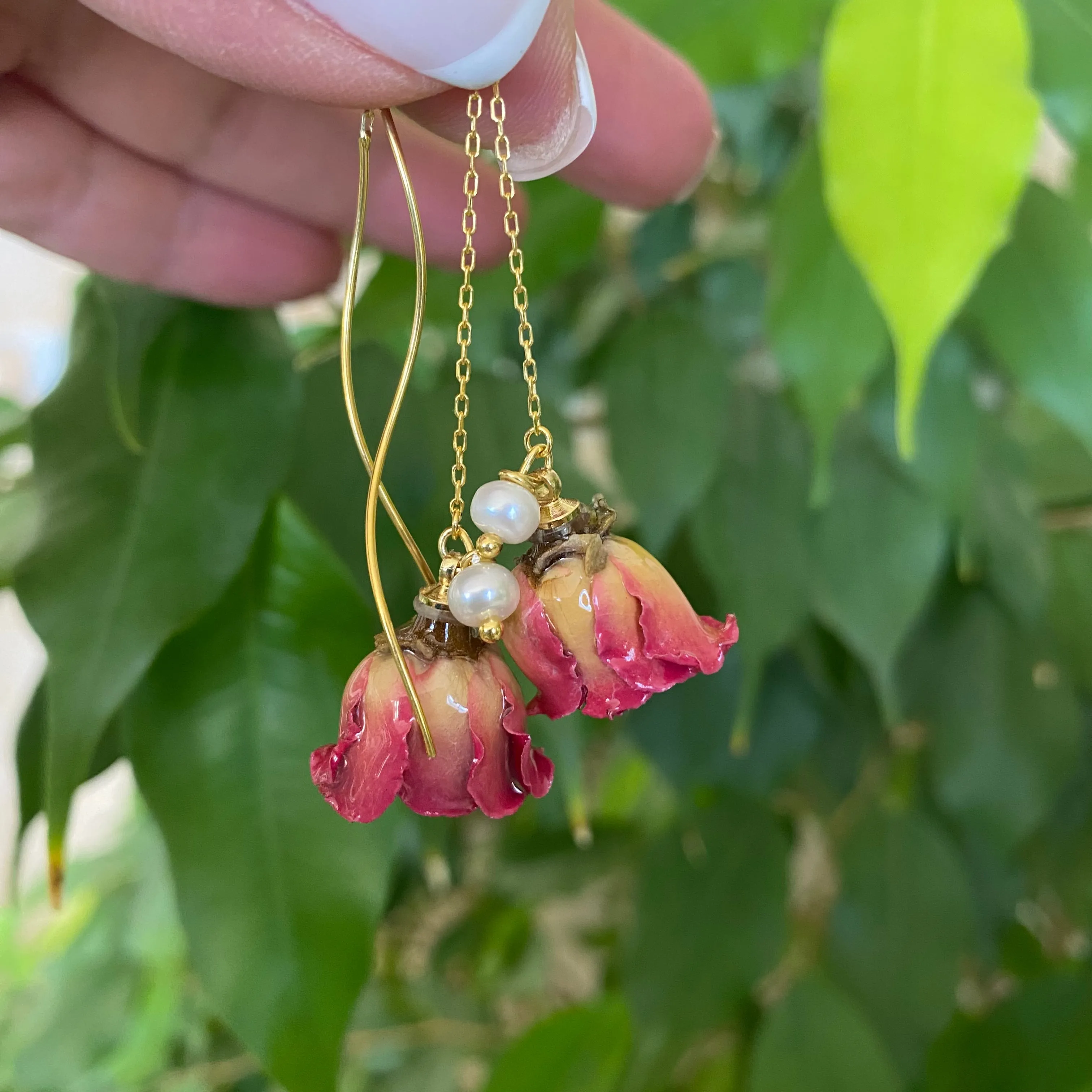 Real Red Roses and Freshwater Pearl Threader Earrings, 4.5in Gold Vermeil Plated Silver