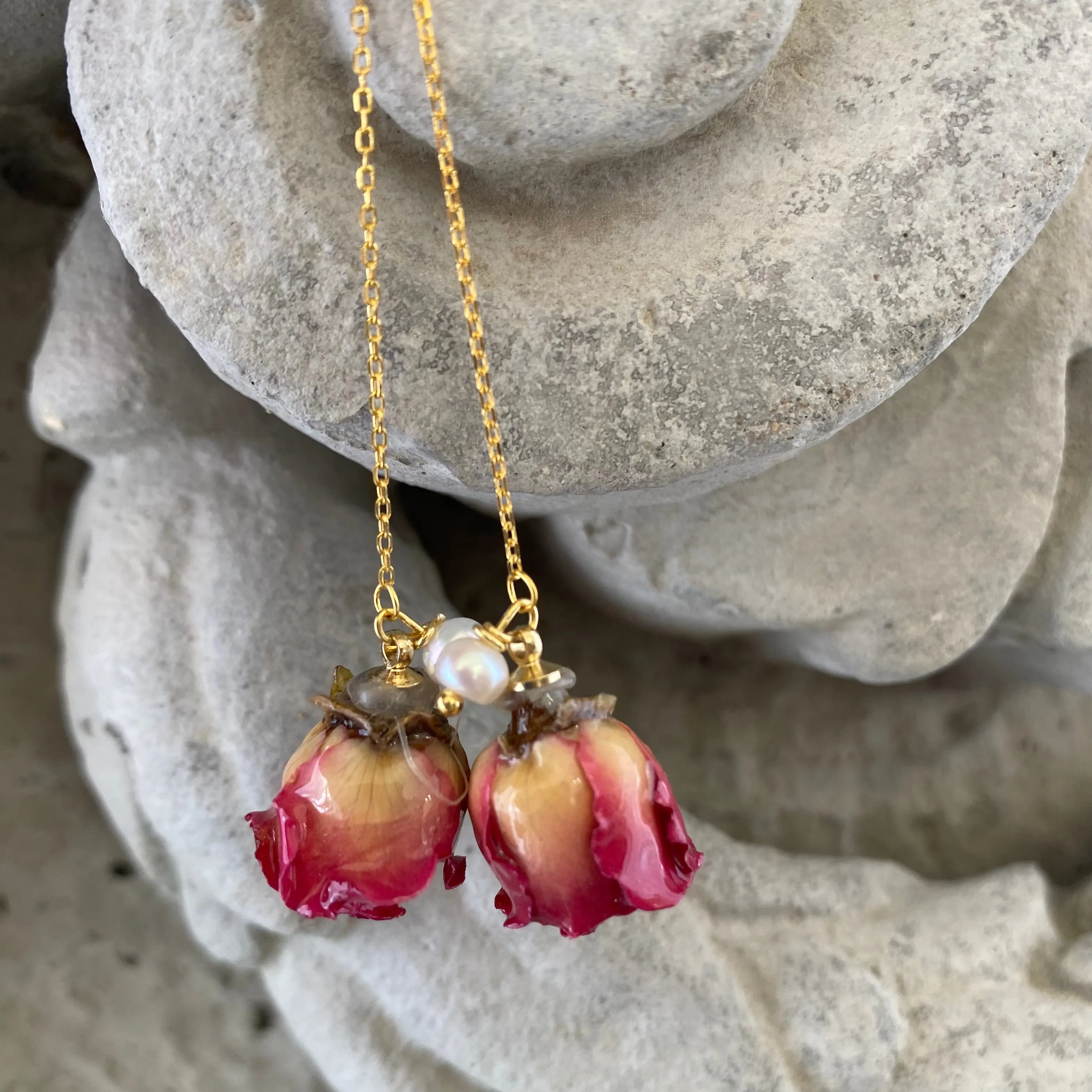 Real Red Roses and Freshwater Pearl Threader Earrings, 4.5in Gold Vermeil Plated Silver