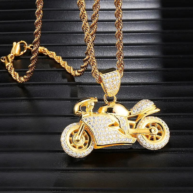 Rhinestone-Studded Gold-Plated Motorcycle Bling Rope Chain Hip-hop Pendant Necklace