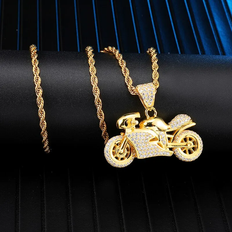 Rhinestone-Studded Gold-Plated Motorcycle Bling Rope Chain Hip-hop Pendant Necklace