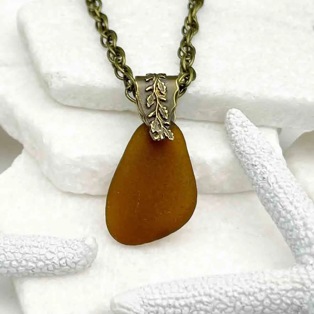 Rich Rootbeer Sea Glass Pendant with Bronze Decorative Bail | #1999