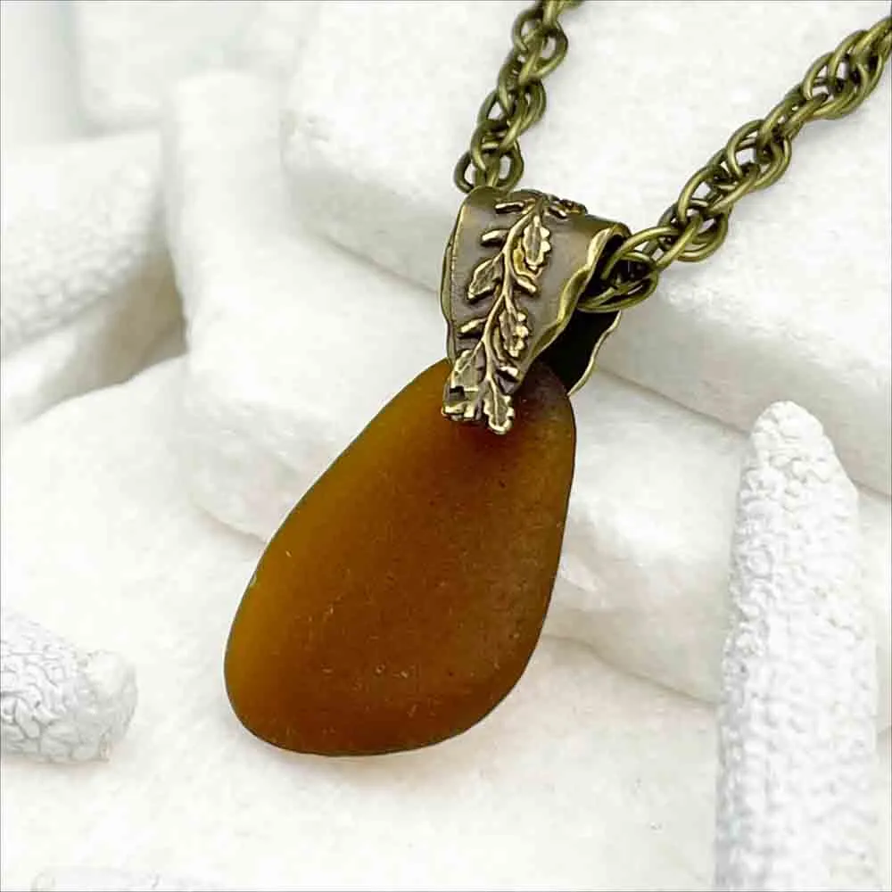 Rich Rootbeer Sea Glass Pendant with Bronze Decorative Bail | #1999