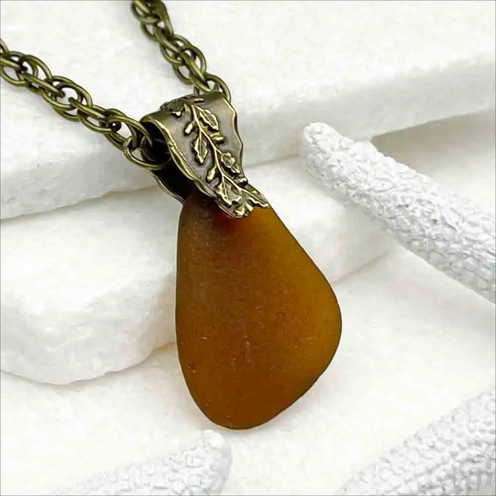 Rich Rootbeer Sea Glass Pendant with Bronze Decorative Bail | #1999