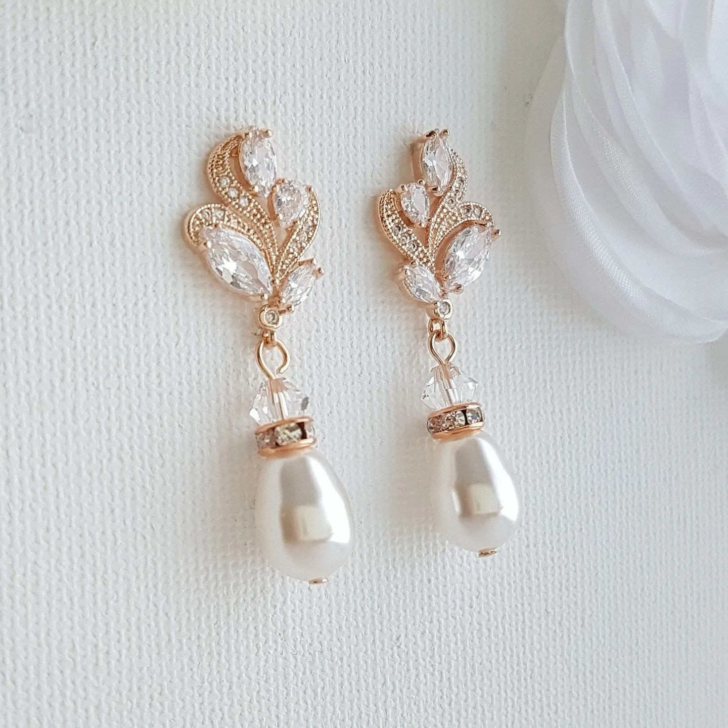 Rose Gold Bridal Earrings With Pearl Drops-Wavy