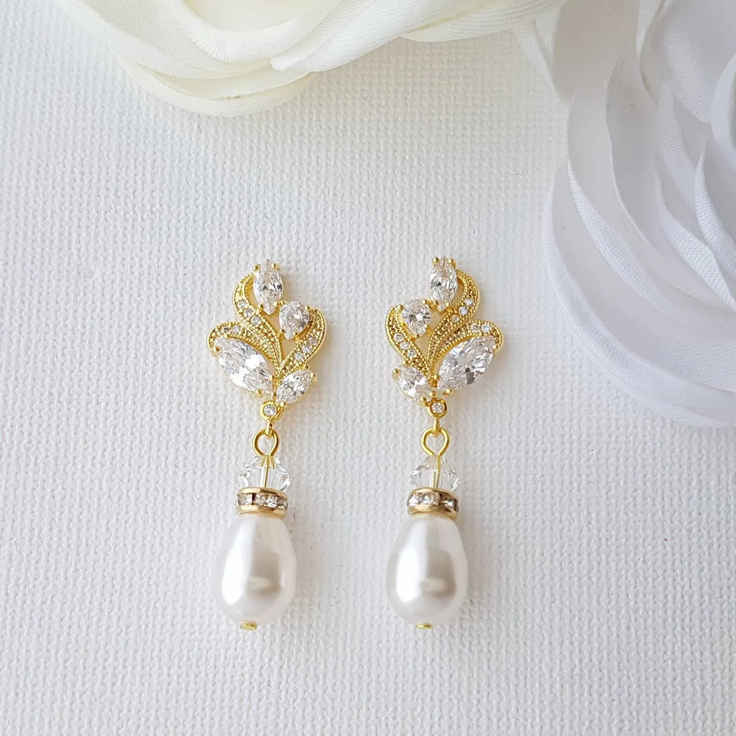 Rose Gold Bridal Earrings With Pearl Drops-Wavy