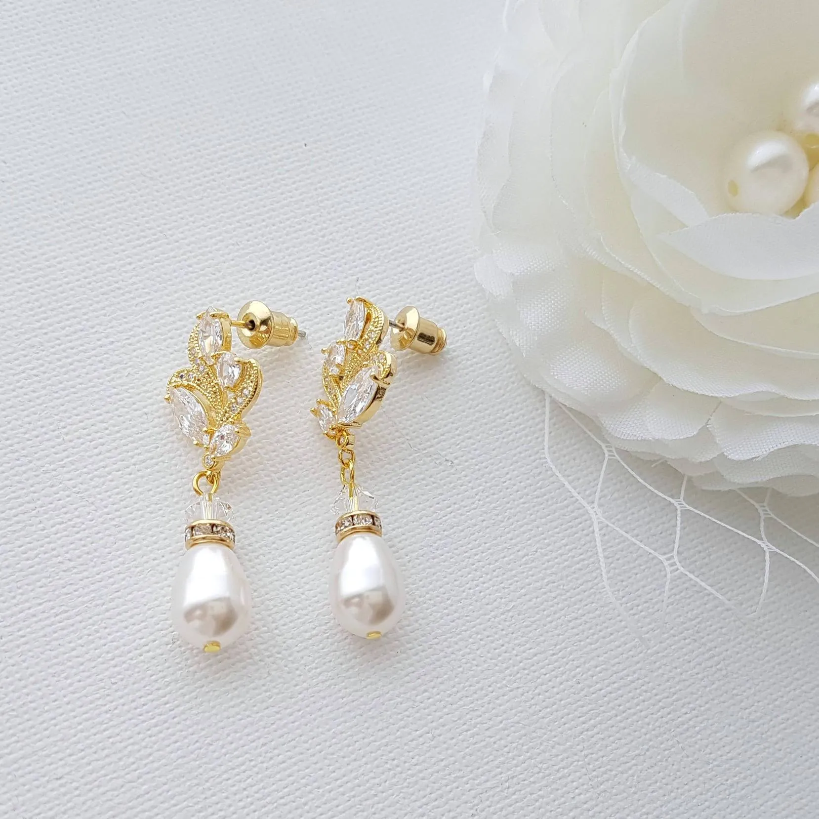 Rose Gold Bridal Earrings With Pearl Drops-Wavy