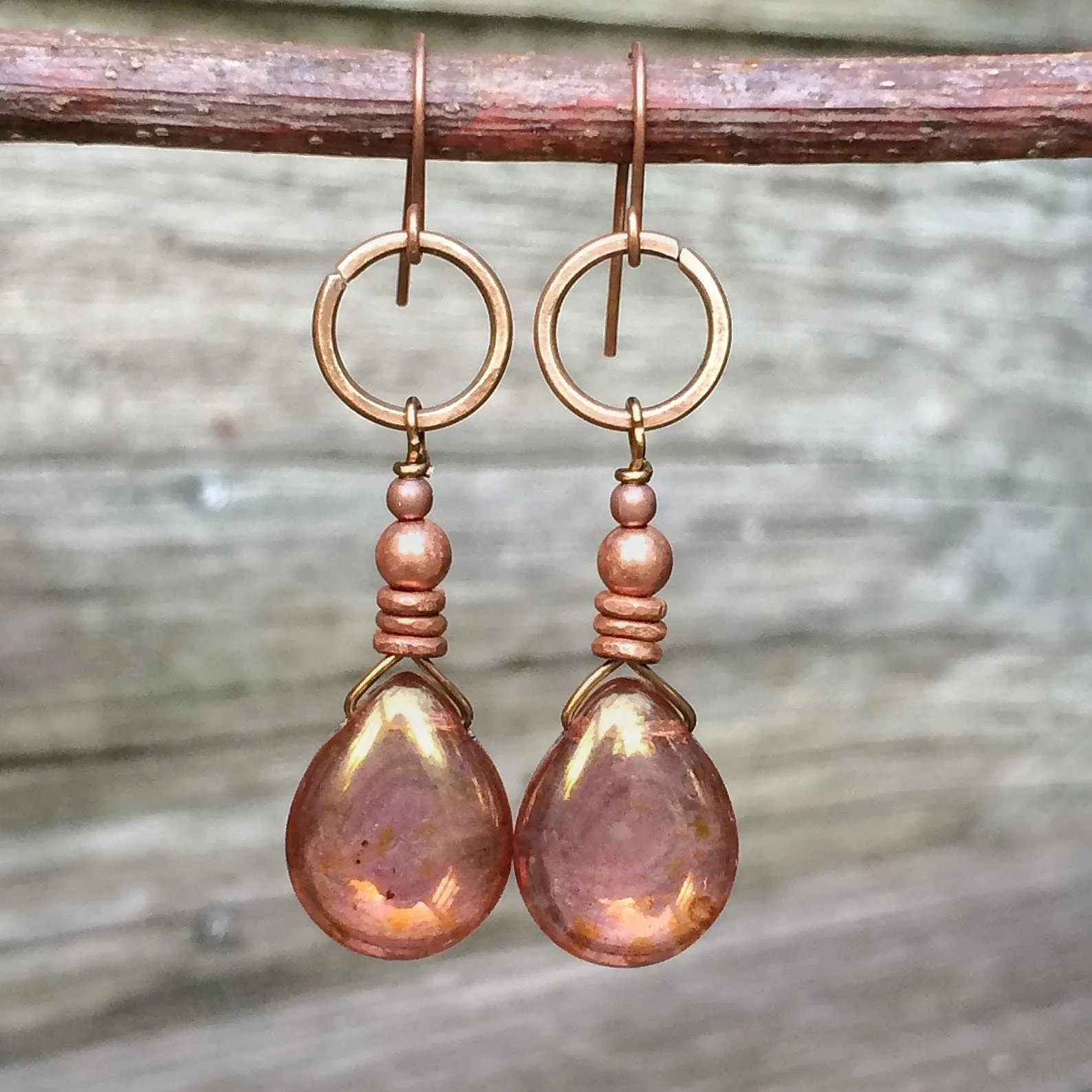 Rose Gold Teardrop Earrings, Copper Earrings, Valentines Day Gift for Her, Rose Gold Glass Jewelry, Bohemian Earrings, Bohemian Jewelry