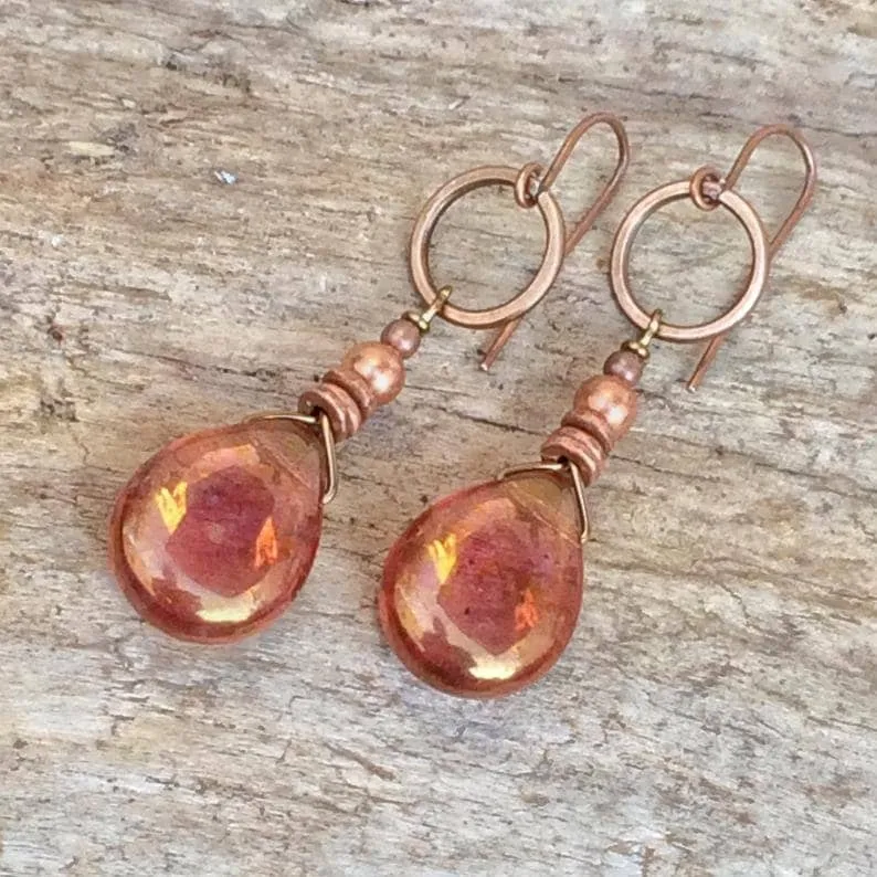 Rose Gold Teardrop Earrings, Copper Earrings, Valentines Day Gift for Her, Rose Gold Glass Jewelry, Bohemian Earrings, Bohemian Jewelry