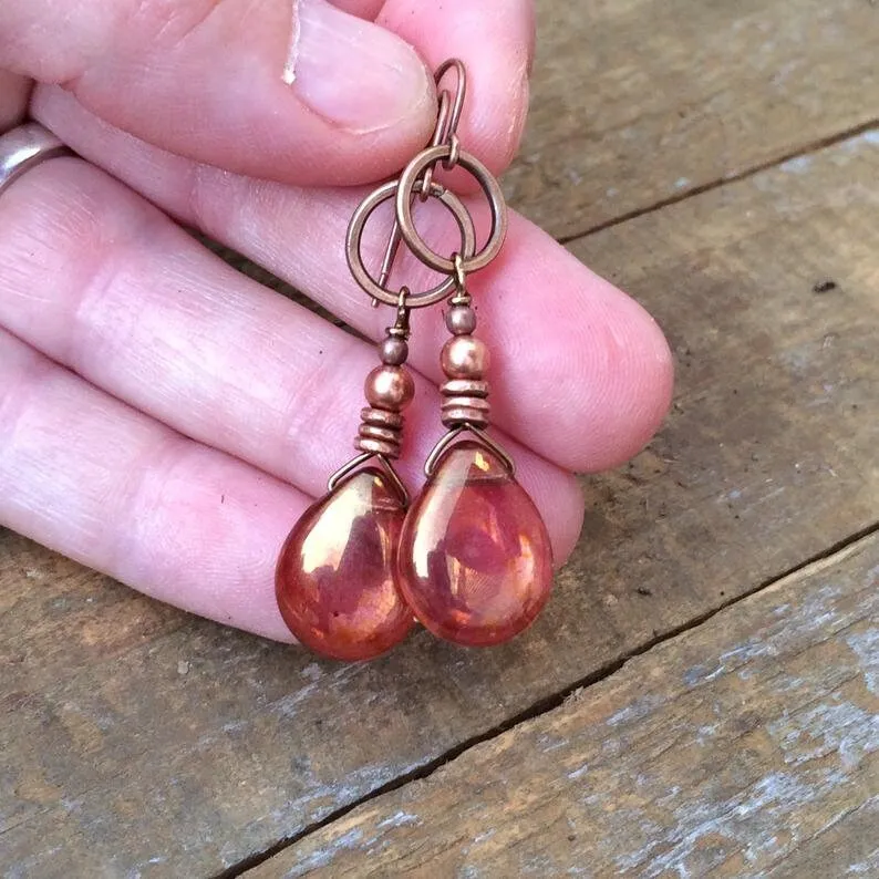 Rose Gold Teardrop Earrings, Copper Earrings, Valentines Day Gift for Her, Rose Gold Glass Jewelry, Bohemian Earrings, Bohemian Jewelry