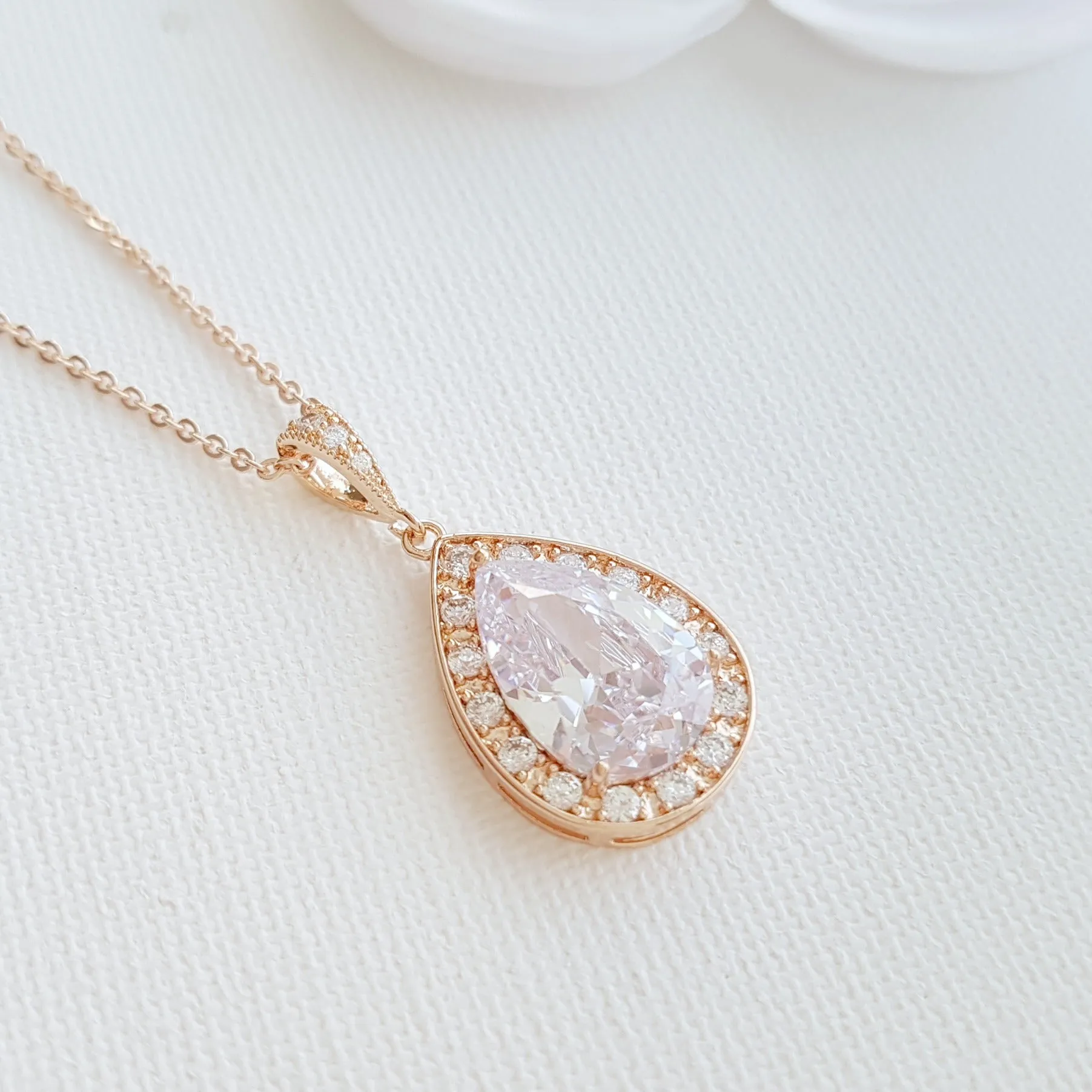 Rose Gold Teardrop Pendant Necklace for Brides & Bridesmaids-Evelyn