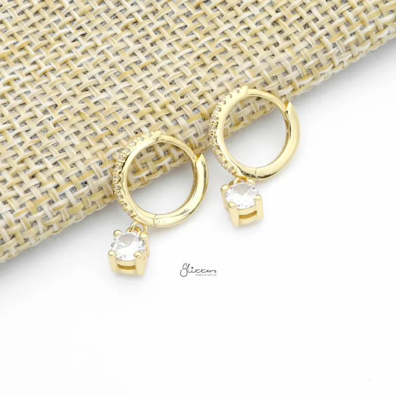 Round CZ Charm Huggie Hoop Earrings - Gold