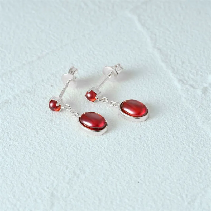 S925 Silver Red Oval Drop Earrings for Women