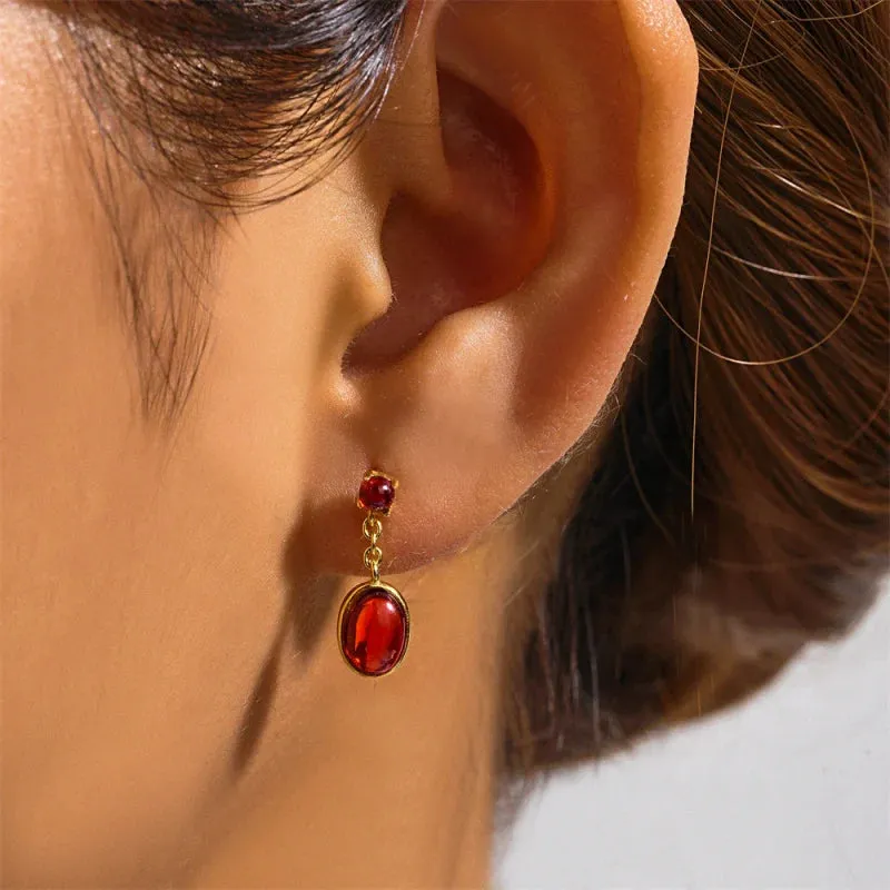 S925 Silver Red Oval Drop Earrings for Women