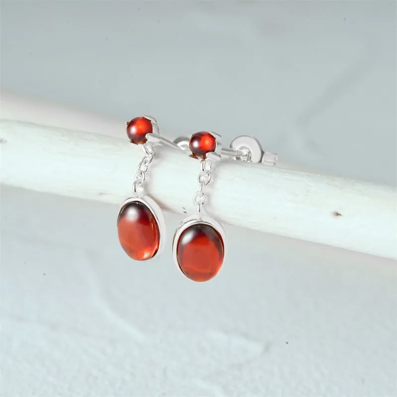 S925 Silver Red Oval Drop Earrings for Women