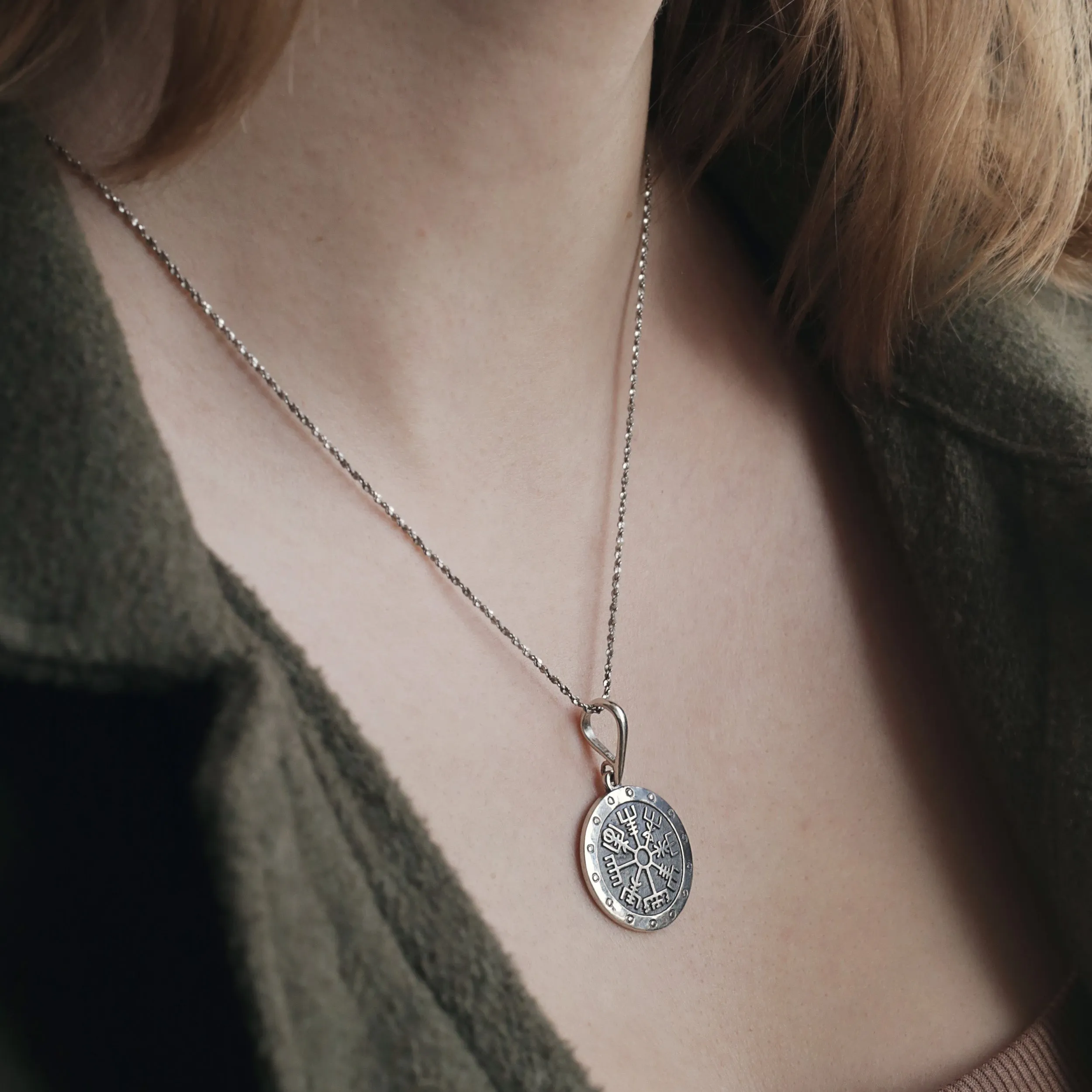 Shield The Helm of Awe, Vegvisir, Runic Circle, Viking Runic Compass, Pendant Sterling Silver