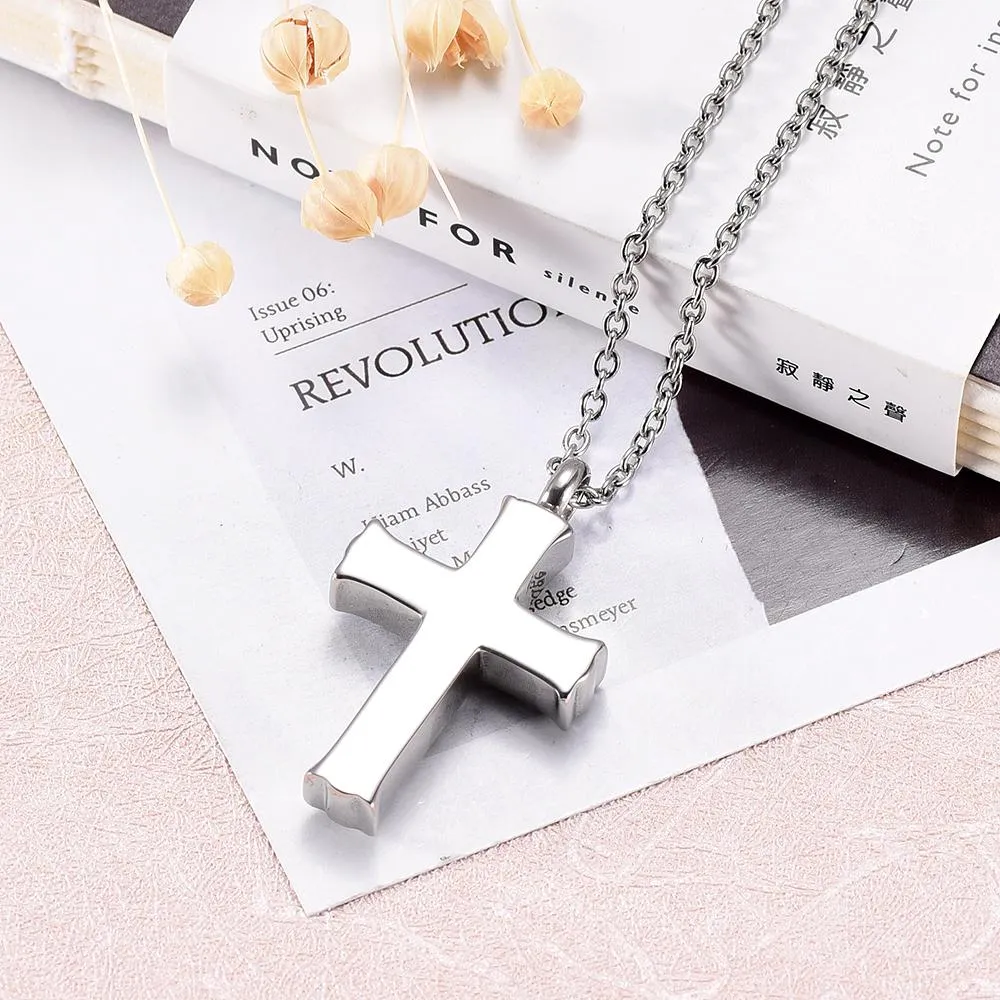 Silver Floral Engraving on Cross Memorial Pendant Necklace