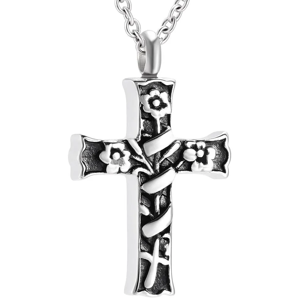 Silver Floral Engraving on Cross Memorial Pendant Necklace