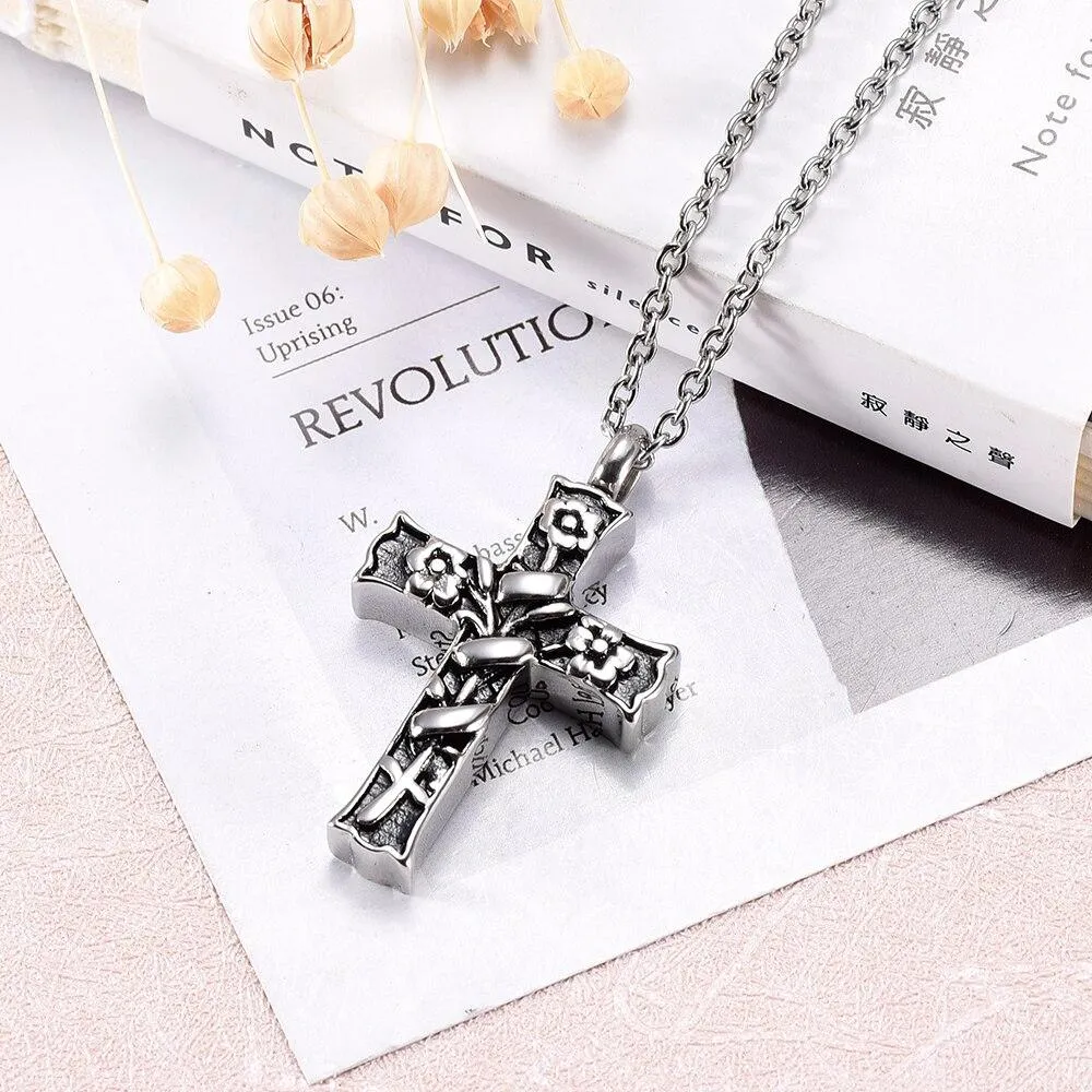 Silver Floral Engraving on Cross Memorial Pendant Necklace