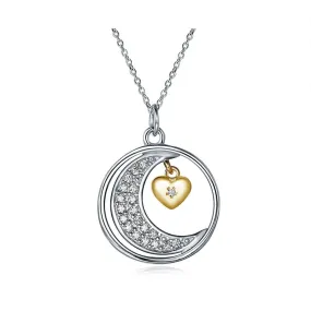 Silver Moon Cubic Zirconia and Golden Heart 925 Sterling Silver Pendant Necklace