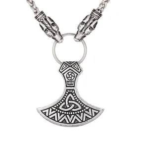 Silver Necklace with Wolf Head Links and Nordic Axe Pendant