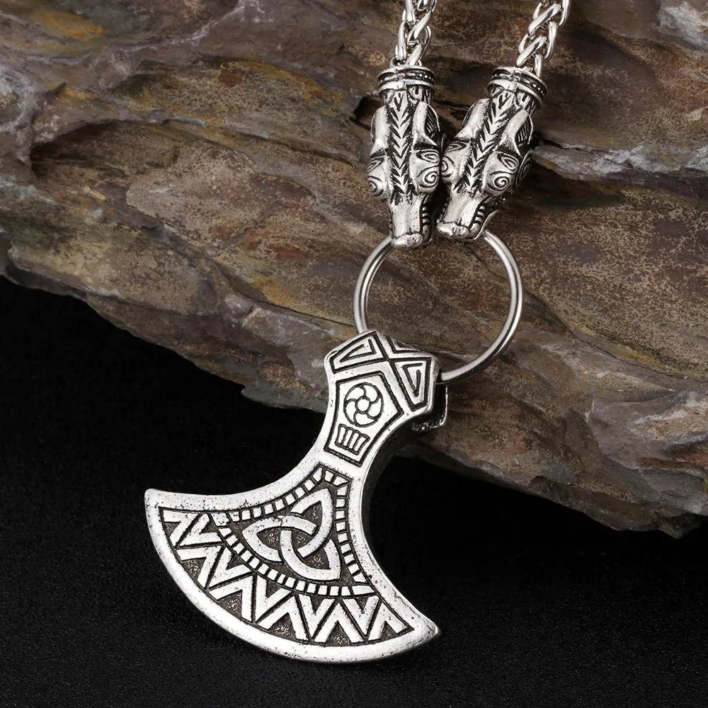 Silver Necklace with Wolf Head Links and Nordic Axe Pendant