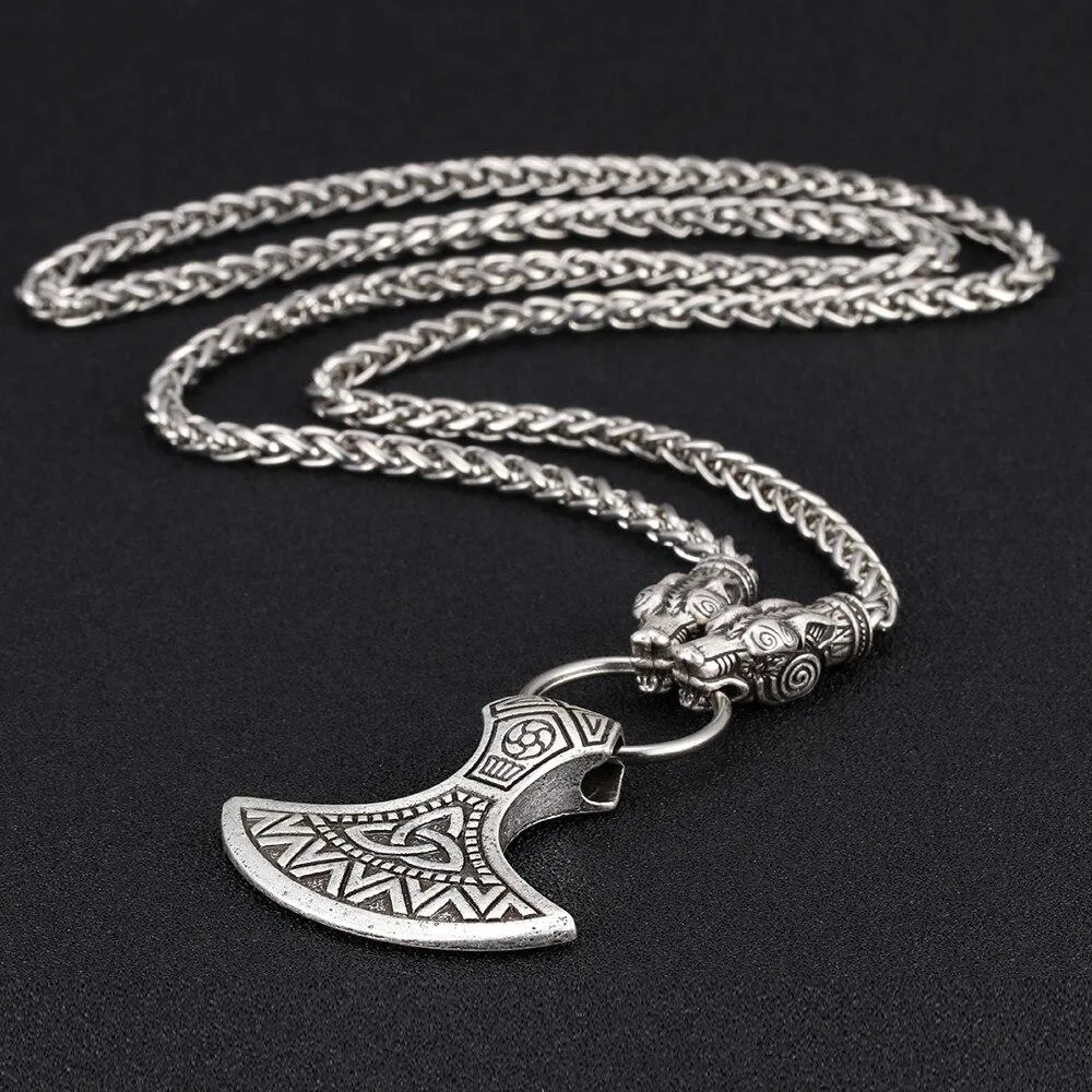 Silver Necklace with Wolf Head Links and Nordic Axe Pendant