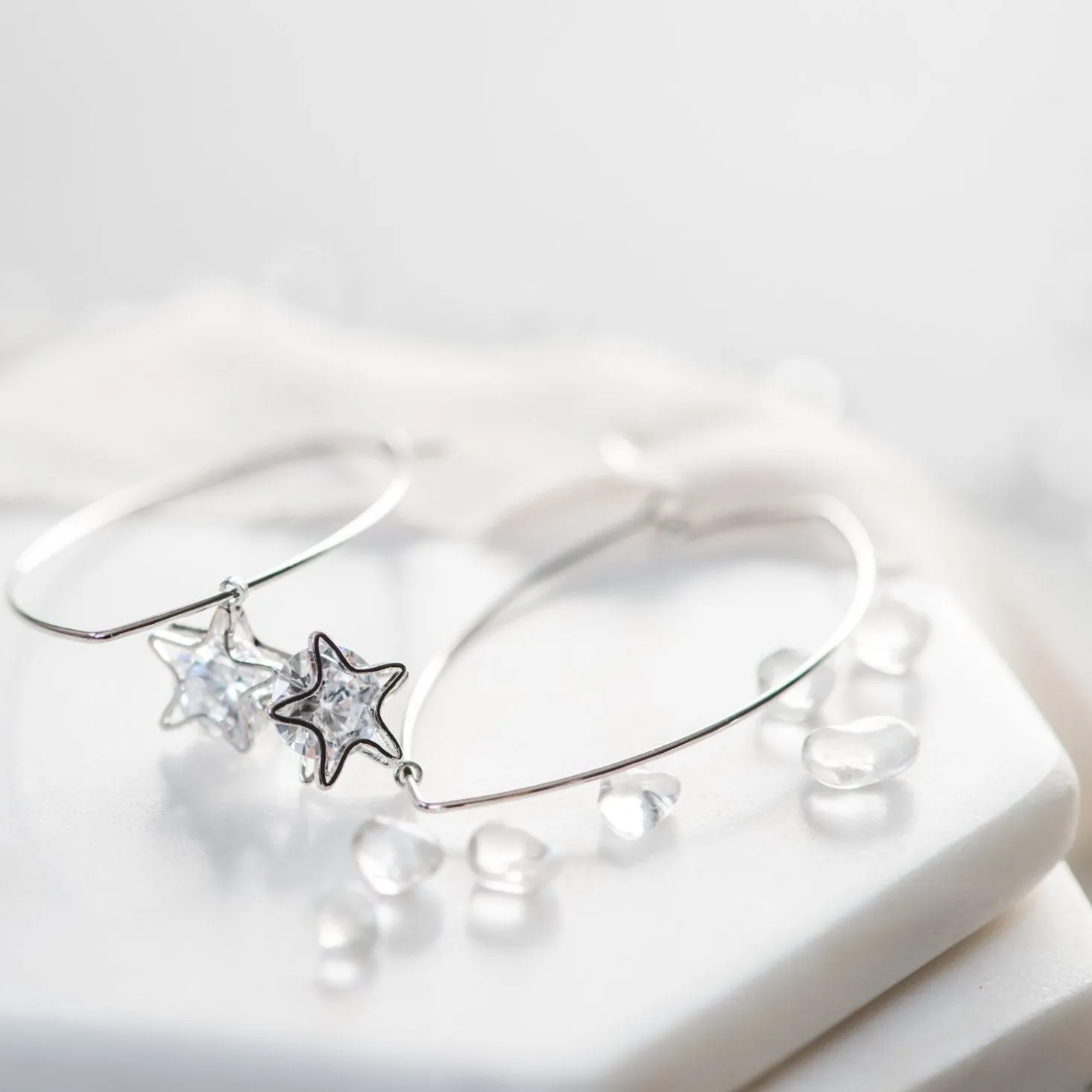 Silver Star Earrings ~ Dangle Hoop Sparkly Stars