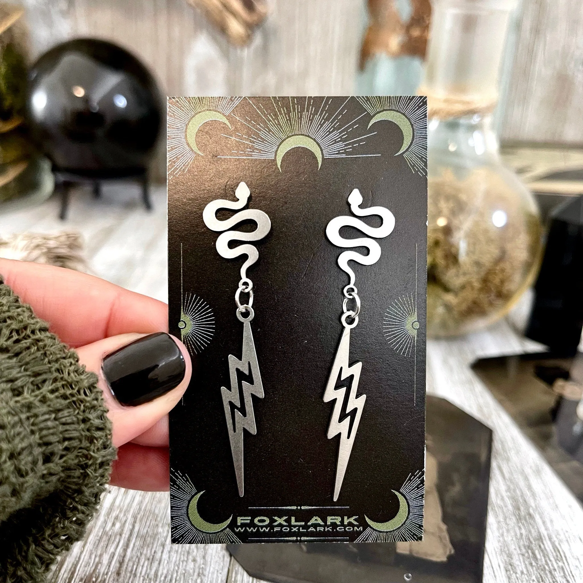 Snake and Lightning Bolt Stainless Steel Earrings / Snake Earrings  - Long Dangly Geometric Earrings