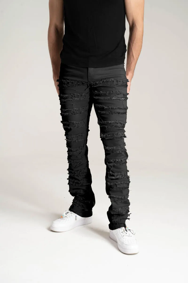 Spark Stretch Twill With 3D Crinkle & Multi Frayed Patch Stacked Jean (Jet Black)