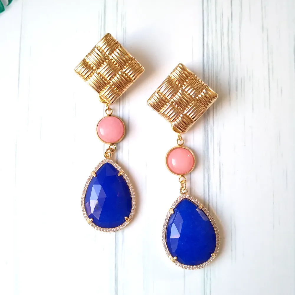 Square Banig Studs with Pink and Blue Jade Dangles