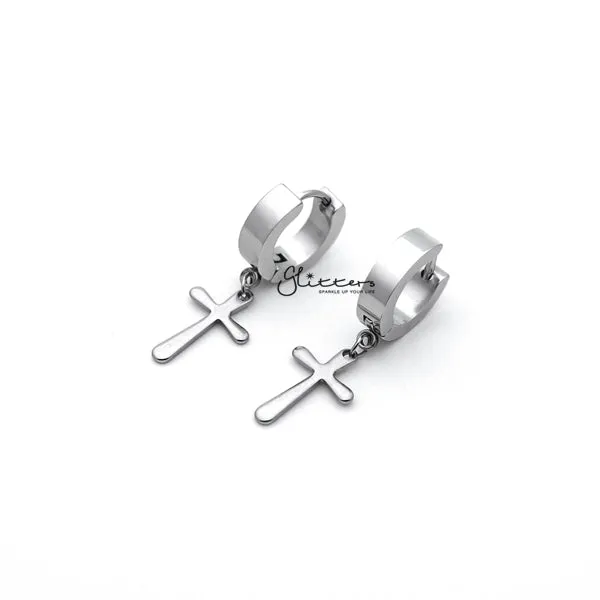 Stainless Steel Cross Drop Huggie Hoop Earrings - Silver